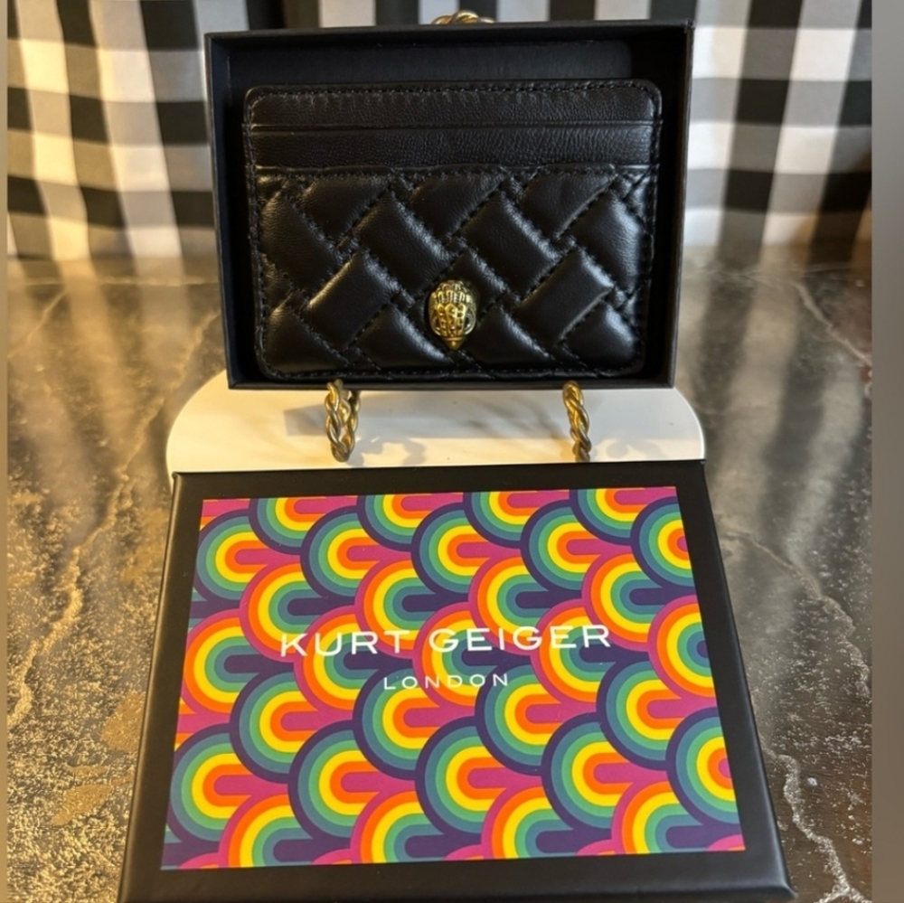 Kurt Geiger Black Quilted Leather Card Holder with Gold Hardware